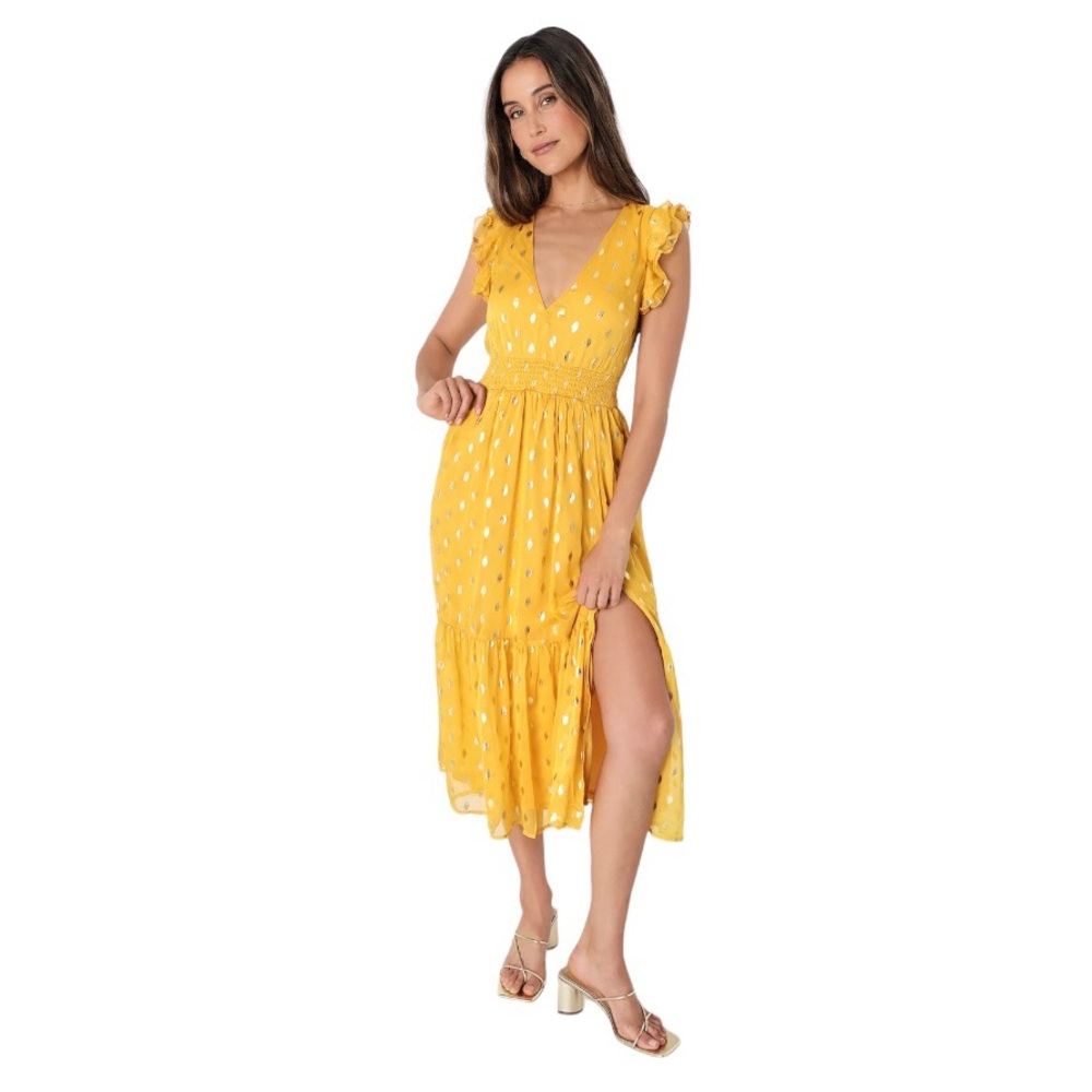 Lulus Yellow Gold Dot Tiered Ruffled Midi Dress Size L‎
